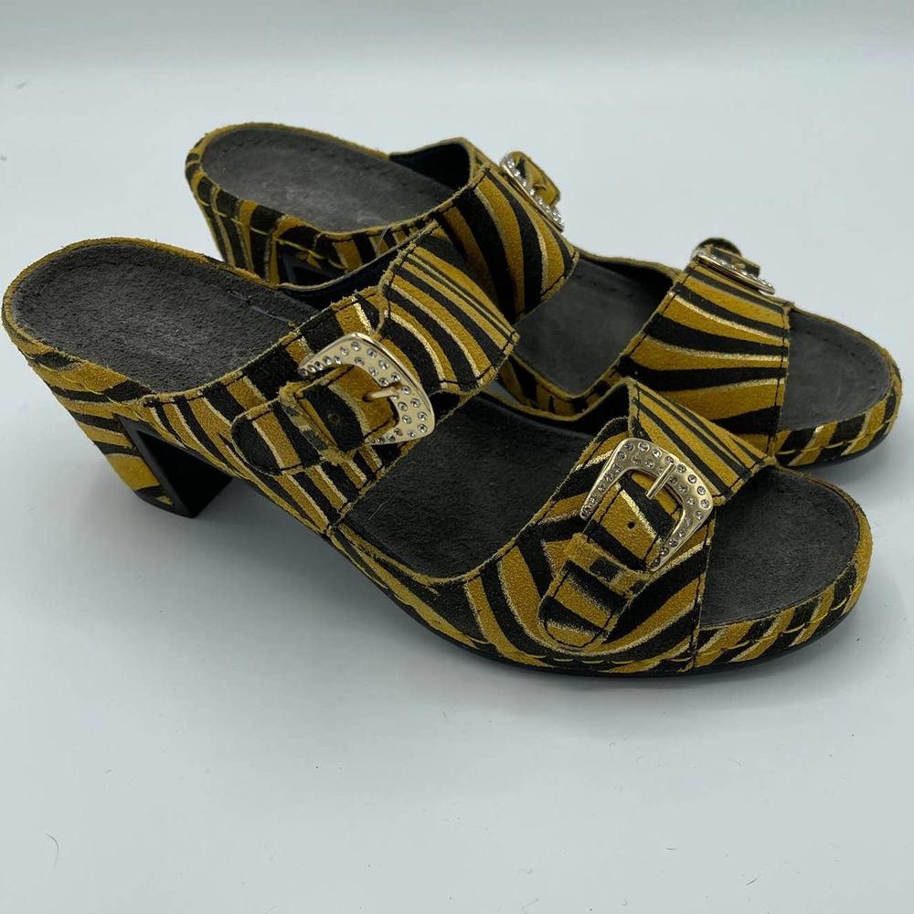 HELLE COMFORT GOLD & BLACK ZEBRA STRIPES WITH RHINESTONE BUCKLES SIZE 6-6.5